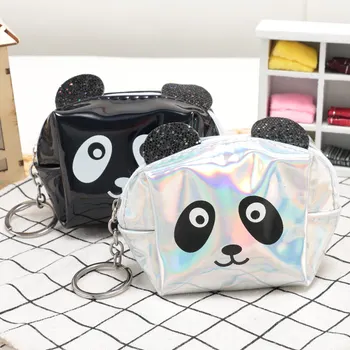 

1Pc PU Leather PU leather Small Fresh Casual Cartoon Cute Laser Panda Key Bag Zipper Octagonal Shape Bag Fashion Gifts Kids Girl