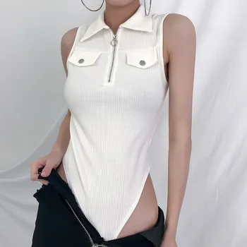 

2019 Summer Women Casual Bodysuits Cotton White Turn-down Collar Bodycon Jumpsuit Sleeveless zipper Party Playsuits
