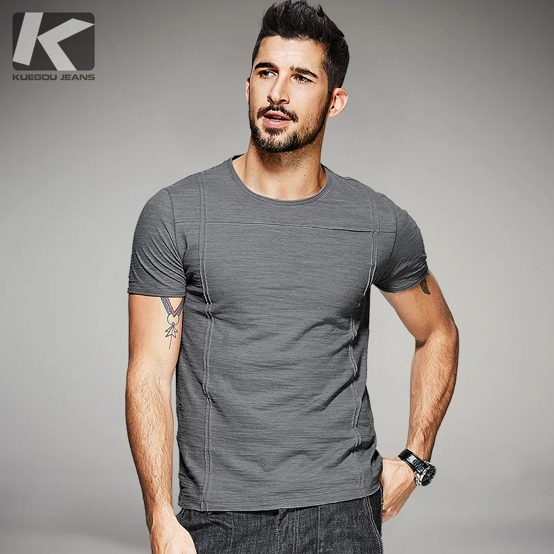 KUEGOU New Summer Mens Casual T Shirts Line Style Gray Color Brand ...