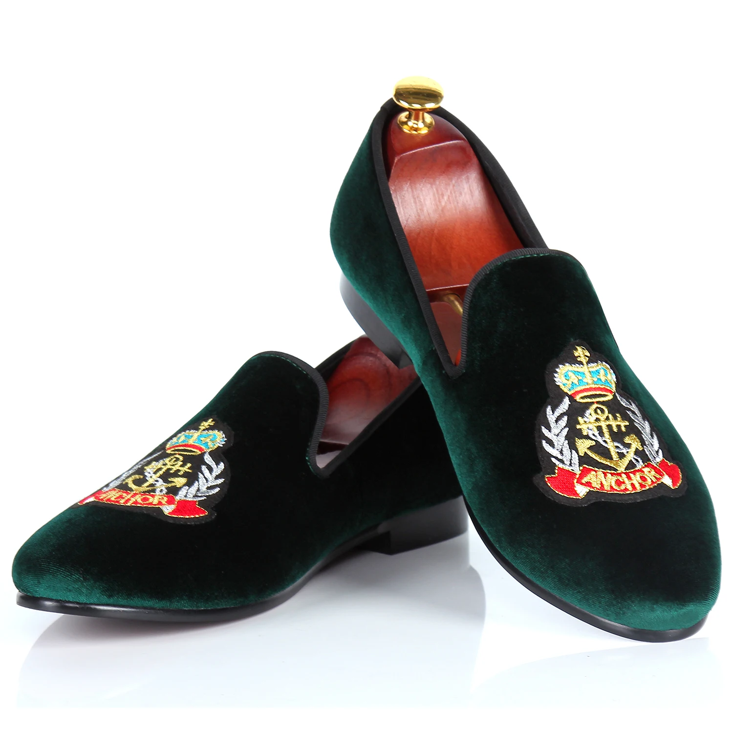 Harpelunde Green Men Dress Shoes Badge Motif Velvet Slippers Comfortable Loafer Shoes Handmade Size 7-14