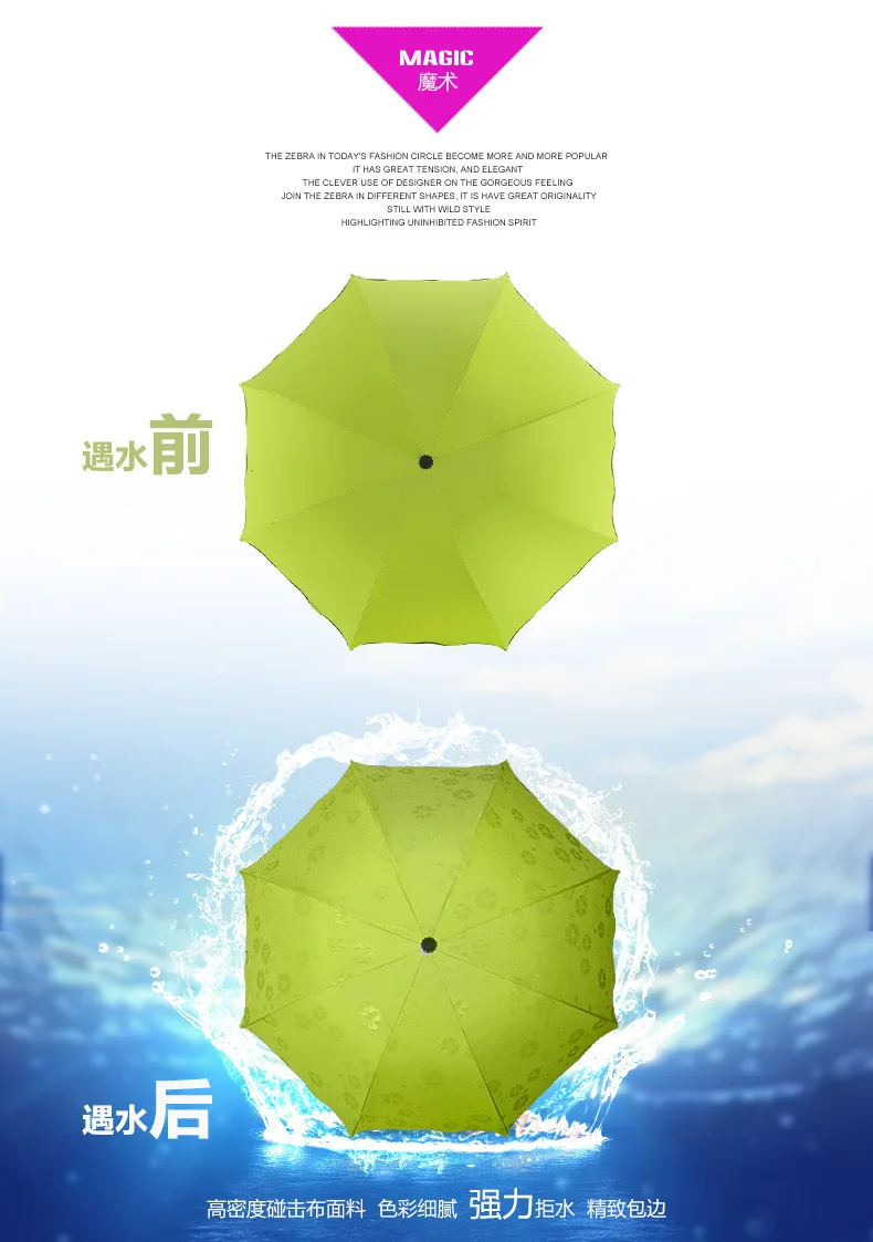 Ladies'sunshine зонтик цветет в воде изменения цвета зонтик Тройной складной черный резиновый Солнцезащитный УФ женские зонтики