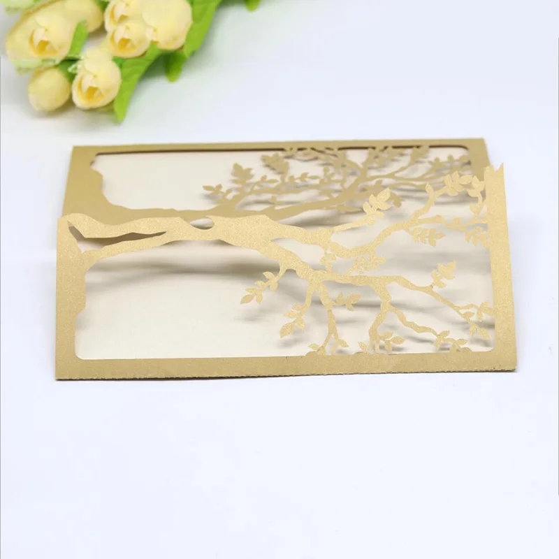  10pcs Gold Sample Laser Cut Wedding Invitations Card Elegant Tree Leaf Greeting Card Print Birthday - 4000293377928