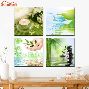 

ShineHome-4pcs Canvas Prints Green Modular Wall Painting Spa Nail Body Salon Massage Yoga Water Zen Stone Bottle Picture Artwork