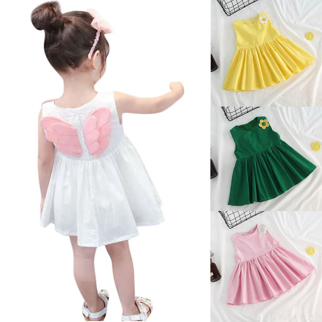 

Toddler Kid Baby Girl Patchwork Wings Draped Sleeveless Flower Solid color Stitching Dress Pleated Dress Sweet Princess Dress
