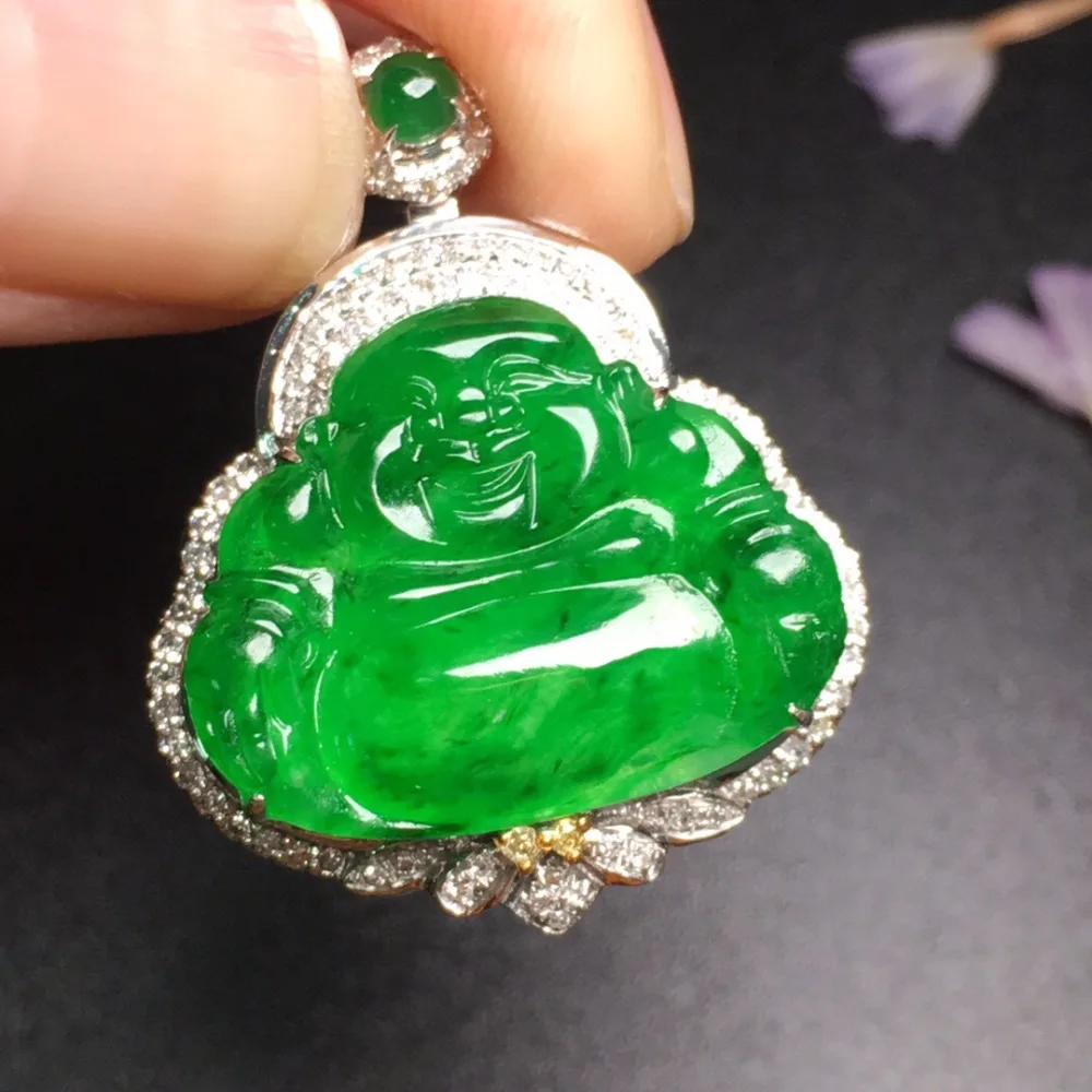 

319 Fine Jewelry Real 18K White Gold Station Buddha Natural Burmes Jade Gemstones Jadite Pendant Necklace Pendants Necklaces