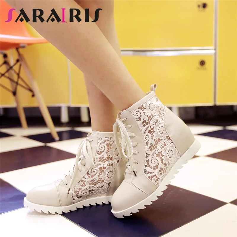 

SARAIRIS On Selling Cut Out Summer Boots Women Lace-Up Round Toe Wedges Sweet Style Platform Shoes Woman Plus Size 34-43