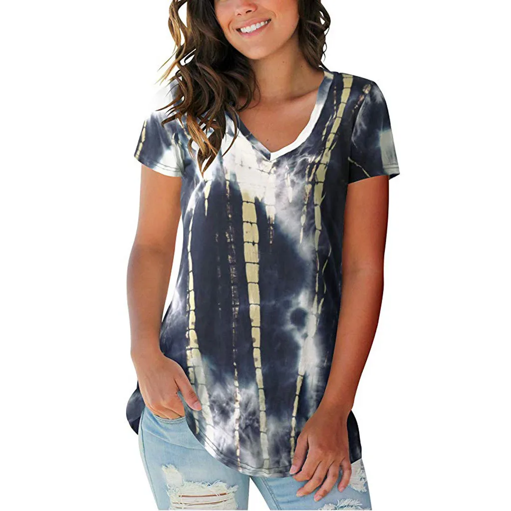 Womail женские топы Tie Dye с v-образным вырезом, Летняя Повседневная рубашка с коротким рукавом, винтажная рубашка с коротким рукавом и v-образным вырезом размера плюс, блузка 710#3 - Цвет: NY