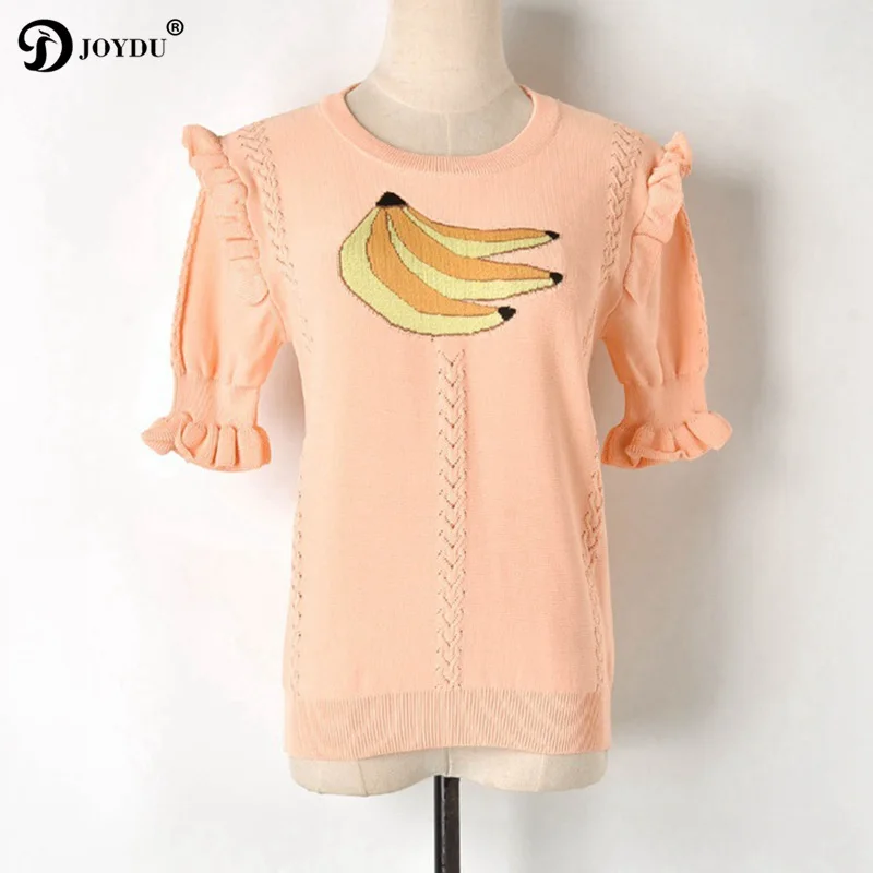 

JOYDU Best Quality Runway Knitted Tshirt 2019 Banana Jacquard Lantern Sleeve T-shirt Women Cute Sweet Hollow Out Summer T-shirt