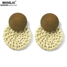 MANILAI, богемные, деревянные, соломенные, круглые серьги для женщин, элегантные, круглые, 3 цвета, ручной работы, плетение из ротанга, серьги-гвоздики, ювелирные изделия