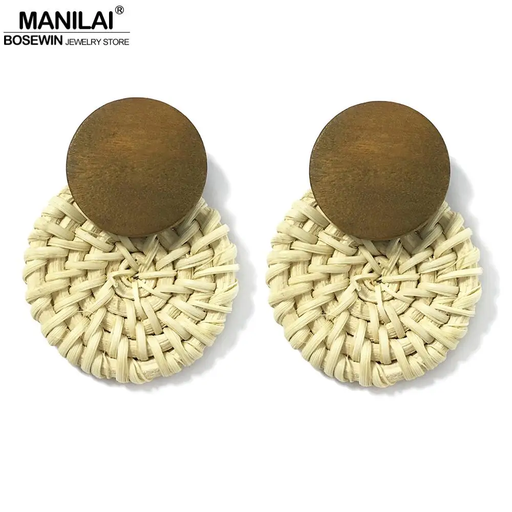

MANILAI Bohemia Wood Straw Round Earrings For Women Elegant Circular 3 Color Handmade Rattan Weaving Stud Earrings Jewelry