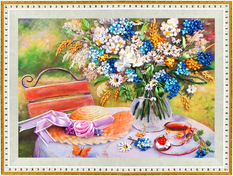 

65x50cm In the side of happiness Ribbon embroidery kit stain painting set handcraft kit DIY handmade needlework art home decor