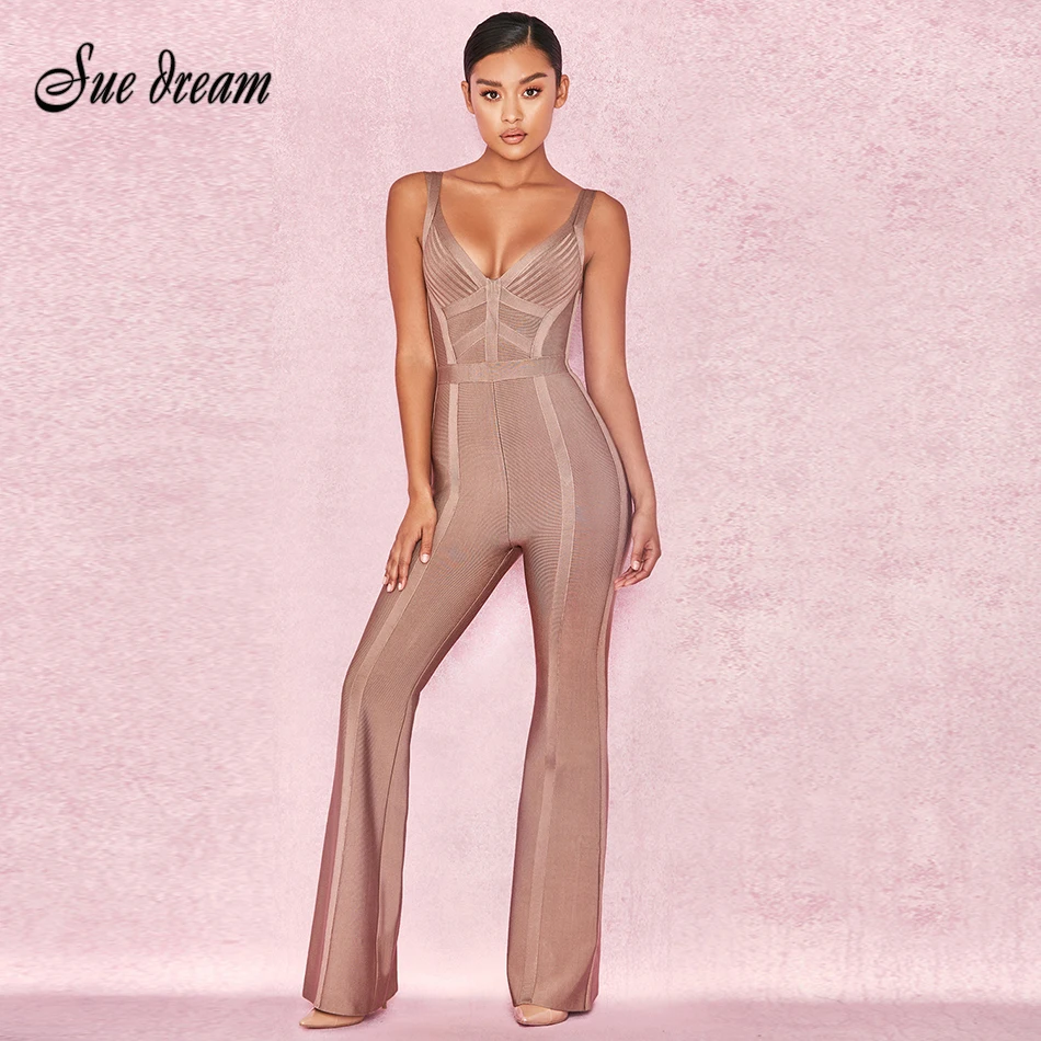 

2019 Summer new women long sleeve deep v neck bandage jumpsuit sexy boot cut striped celebrity party brown jumpsuits vestidos