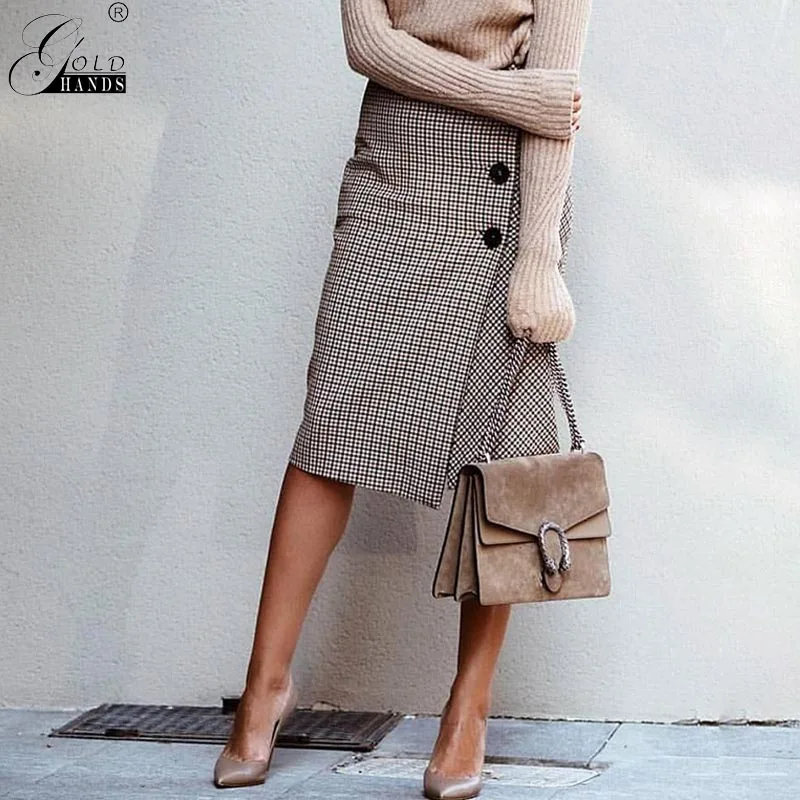 

Gold Hands Autumn Women Winter Street Wear Swallow Gird Slim Cotton Skirt Standard Waist Plaid Mid-calf A-line Casual Skirt