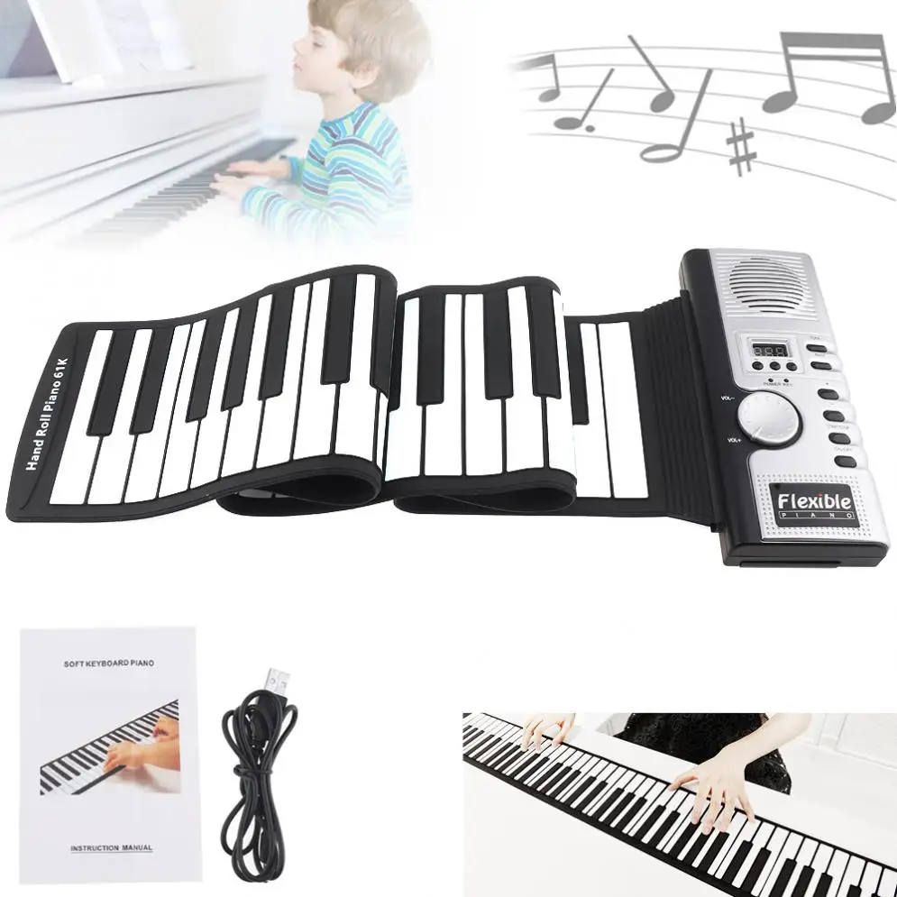  61 Keys Folding Electronic Silicone Flexible Hand Roll Up Piano Built-in Speaker MIDI Out Keyboard 