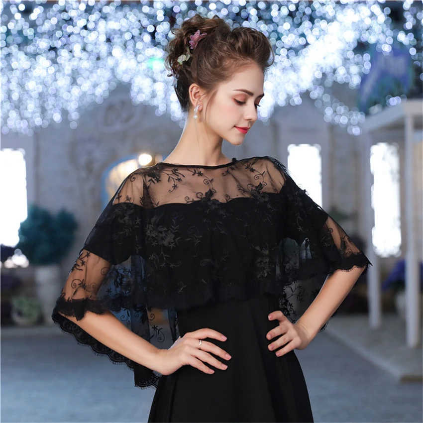 

ISHSY Hi-Lo Black Lace Wedding Bolero Cape Jacket Women for Evening Party Floral Shawl Wrap Chaqueta Chale de fiesta mujer novia