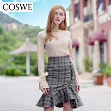 COSWE New Autumn Winter Plaid Trumpet Skirt Mermaid Skirt Women High Waist Skirt Zipper Bodycon Button Patchwork Womens Skirts