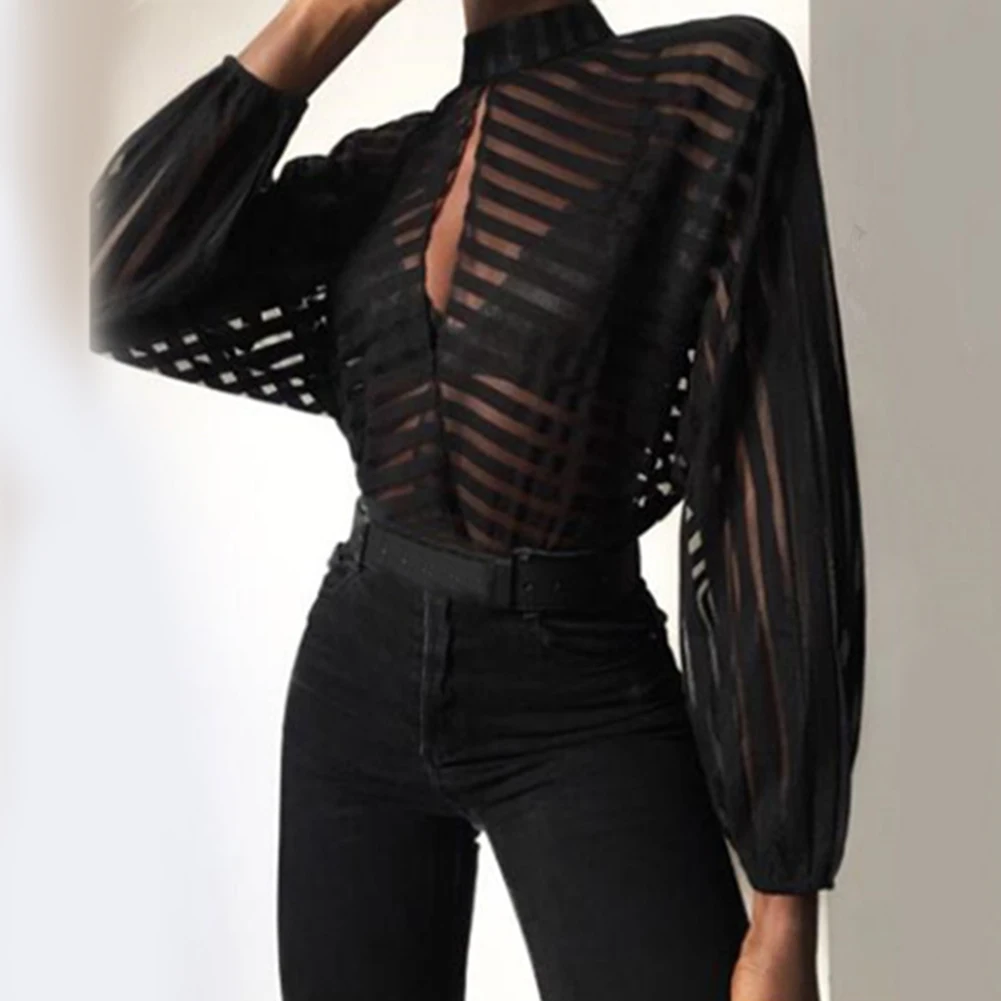 

Women New Style Blouse Stripes Keyhole Front Mesh Sexy Blouse Hollow Out Tops Party Long Silver OL Shirts Perspective Blouses