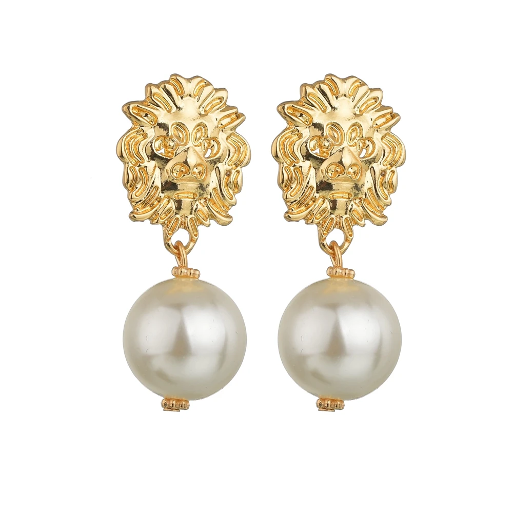 

2019 Vintage Women Alloy Earrings Gold Color Lion Head Alloy Simulated Pearls Drop Earrings For Girls Metal Pendientes Jewelry