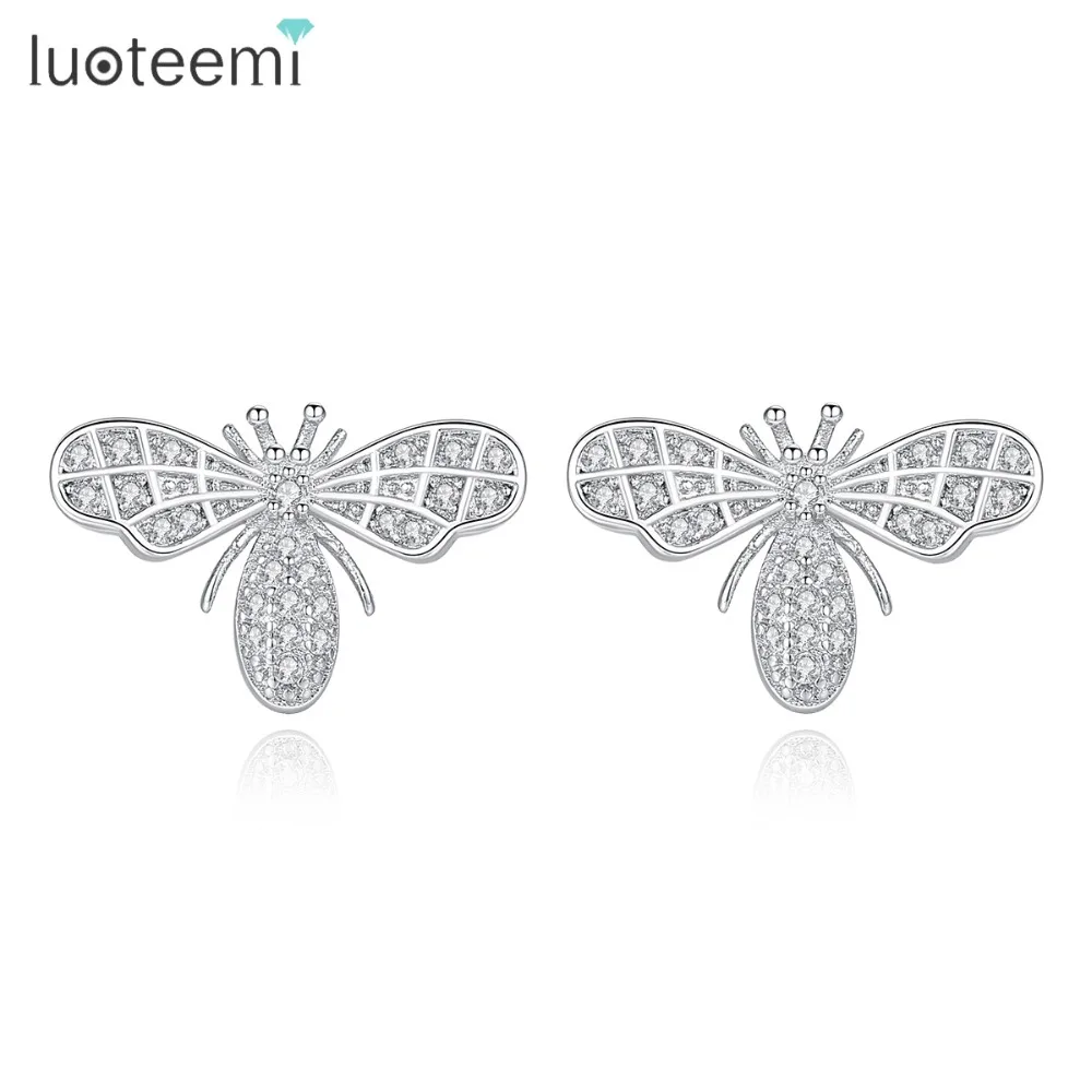 LUOTEEMI, фирменный дизайн, гвоздики пчелка, серьги для женщин, ручная работа, маленькие, блестящие, CZ, два цвета, свадебные украшения, рождественский подарок