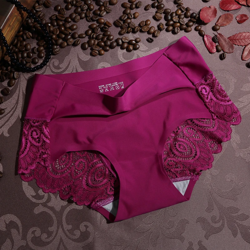Sexy Lace Seamless Underwear Women'S Panties Soft Comfortable Hollow Splicing Ice Silk Breathable Ladies Briefs Girls Lingerie