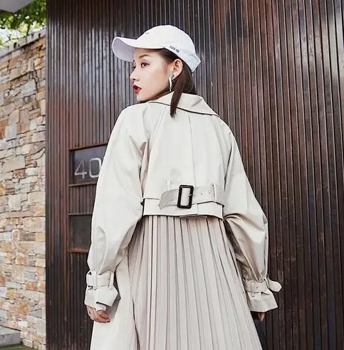 

British style Long Sleeves Autumn pleated coats women"s Long sleeve windbreaker overcoats abrigo mujer
