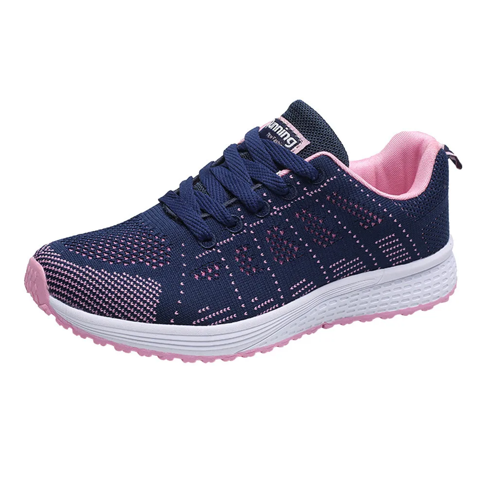 Sneakers Women Sport Shoes Lace-Up Beginner Rubber Fashion Mesh Round Cross Straps Flat Sneakers Running Shoes Casual Shoes - Color: Blue