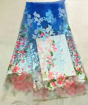 

5Yards/pc Wonderful blue french net lace with pink flower embroidery african mesh lace fabric for dress LE4