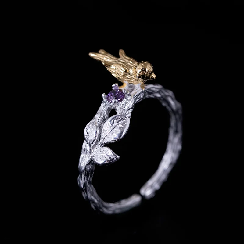 

925 sterling silver AAA zircon tree branch bird flower rings gold handmade vintage charm open rings for women fine jewelry gift