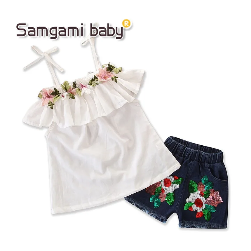 

SAMGAMI BABY Toddler Girls Summer Clothing Set Sleeveless Flower Tops+sequins Denim Shorts 2pcs Fashion Girl Suit Kids Clothes