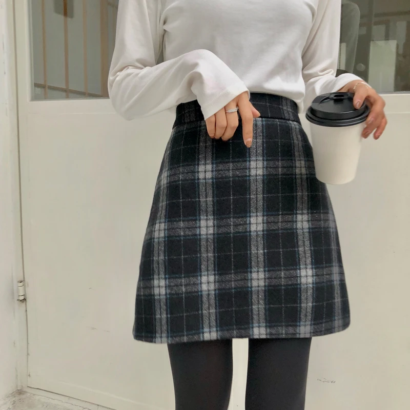 

Women's Skirts Casual Kawaii Ulzzang Chic High Waist Retro Checkered Woolen Skirt Female Korean Girl Vintage Clothing For Women