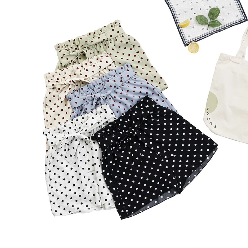 

Vintage polka dot bow tie pleated chiffon women shorts with pockets elastic high waist shorts for holiday M30293