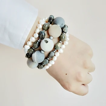 

Lii Ji Druzy Agates,Labradorite Freshwater Pearl Hematite 5 rows OT Clasp Bracelet Bohemia Style Jewelry Drop shipping