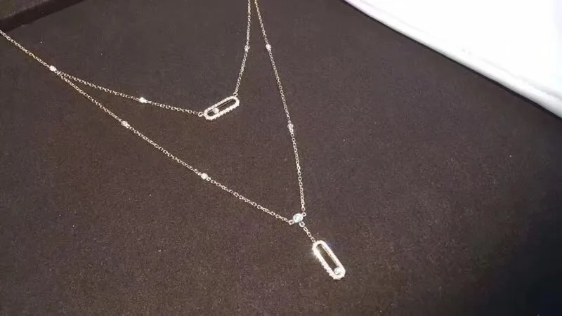 

Luxury brand jewelry pure 925 sterling silver double layer move necklace for women 2 layer cubic zircon moving necklace