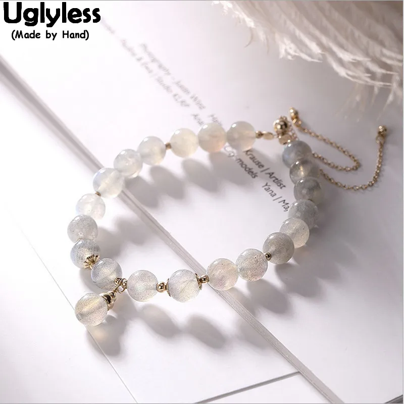 

Uglyless Real 14K Gold Balls Beading Bracelets for Women Grey Moonstones 7MM Beads Adjustable Bracelet Fashion Simple Jewelry