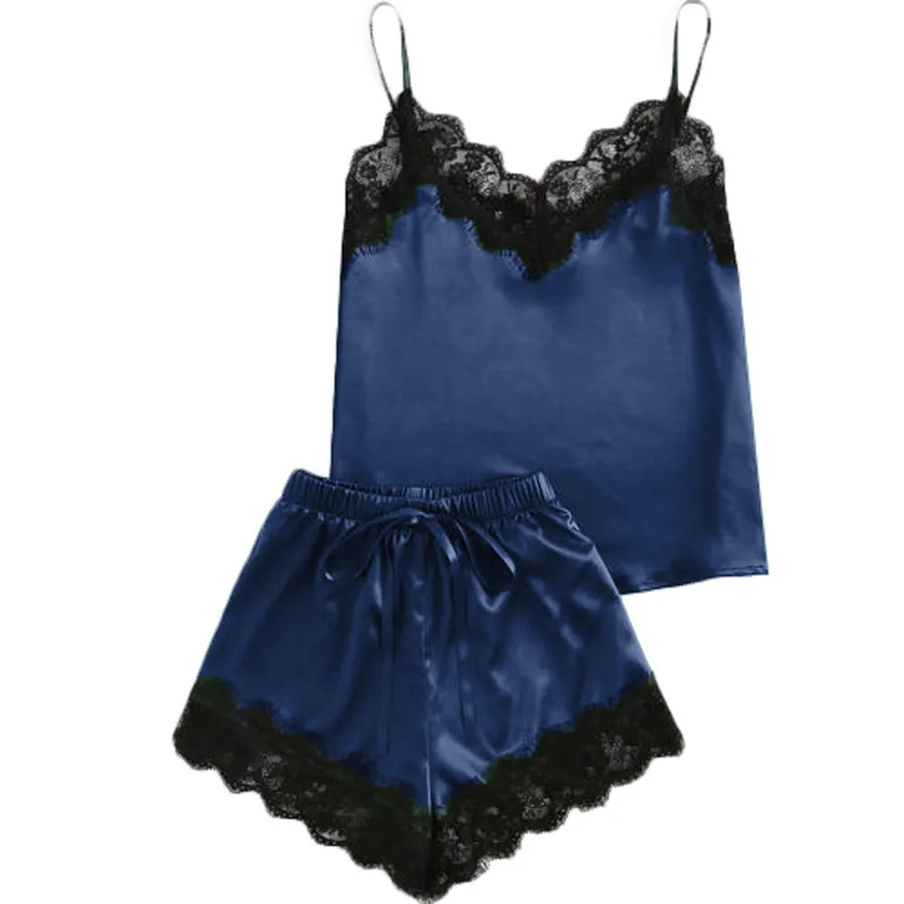 New Sexy Lingerie Women Sleepwear Sleeveless Strap Nightwear Lace Trim Satin Cami Top Sets Underwear New Style#30 - Цвет: Dark Blue