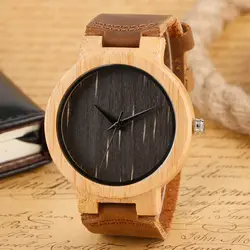 Модные Повседневное природа деревянные часы черный кожаный ремешок древесины бамбука аналоговые кварцевые часы Для женщин Для мужчин
