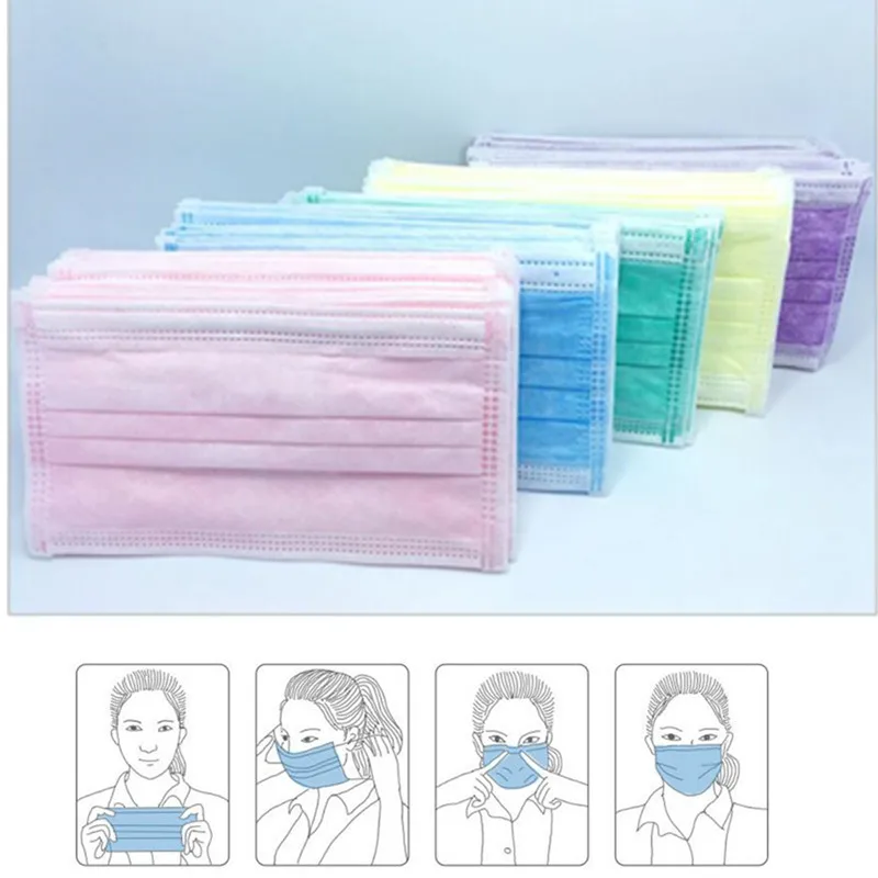 

50pcs 3 Layer Colorful Anti Dust Smog Face Mouth Mask Disposable Masks Ear Hanging Gas Respirator Filter Mouth-muffle