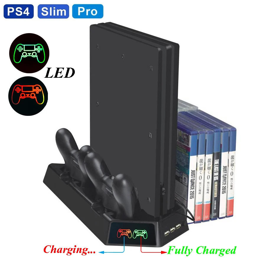 

PS4 Slim PRO LED Vertical Stand with Cooling Fan Cooler Dual Controller Charger Charging Station for SONY Playstation 4