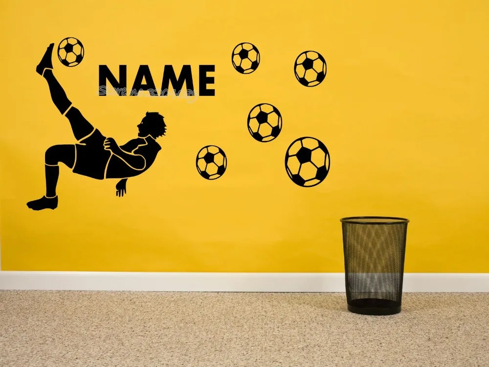 Силуэт футболиста, наклейки на стену, персонализированное имя и номер футболиста, домашний декор для спальни, дизайн, плакат fq614