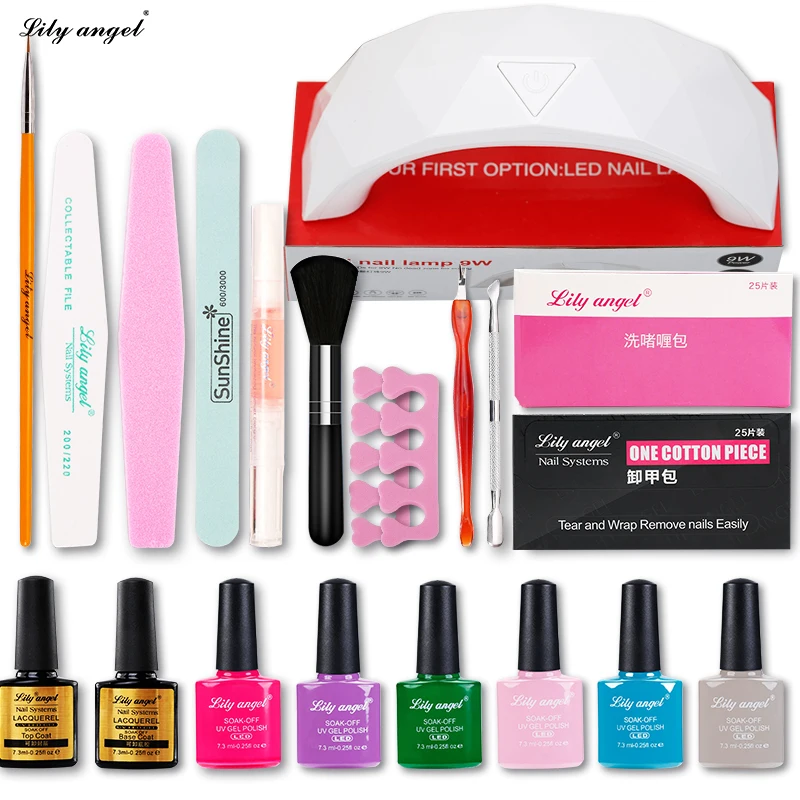 

Nail Art Manicure Tool 9W Led Lamp + 6 Color 7.3ml uv Led Gel base top coat polish with tip Remover Practice set File kit Z25