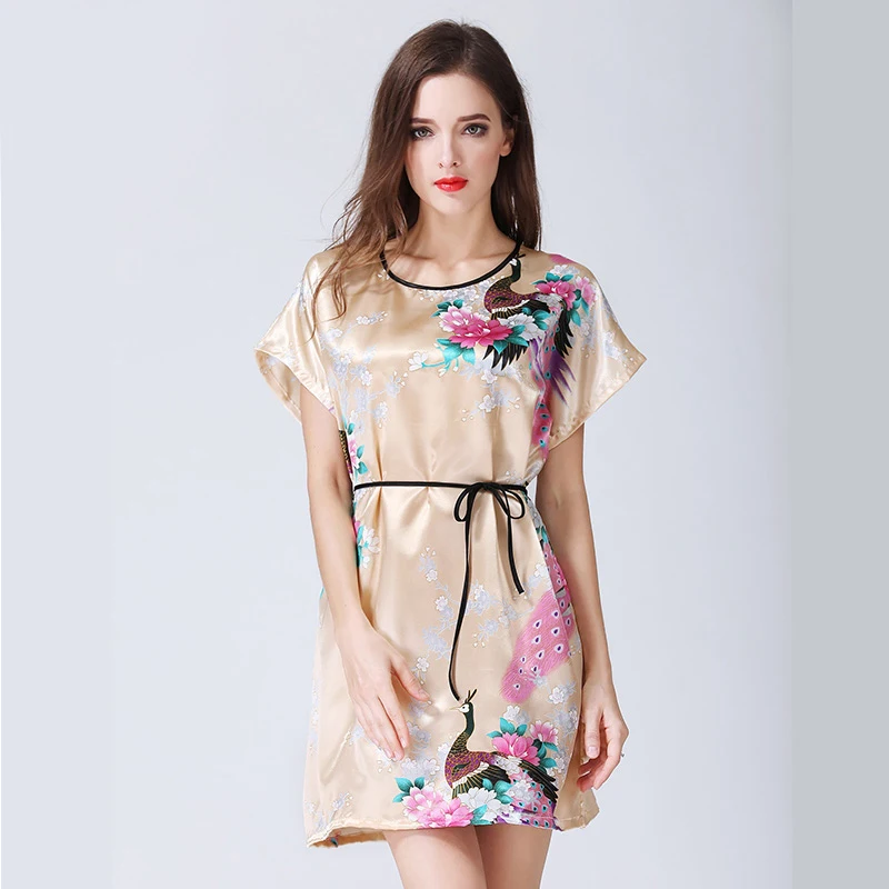 Женская атласная ночная рубашка с цветочным принтом и павлином|sleepwear women|women satinsatin