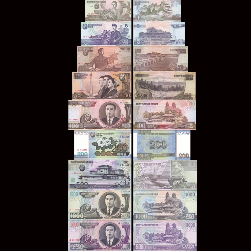 9 шт набор банкнот из КНДР 1 5000 Won 1992 2006|Значки| |