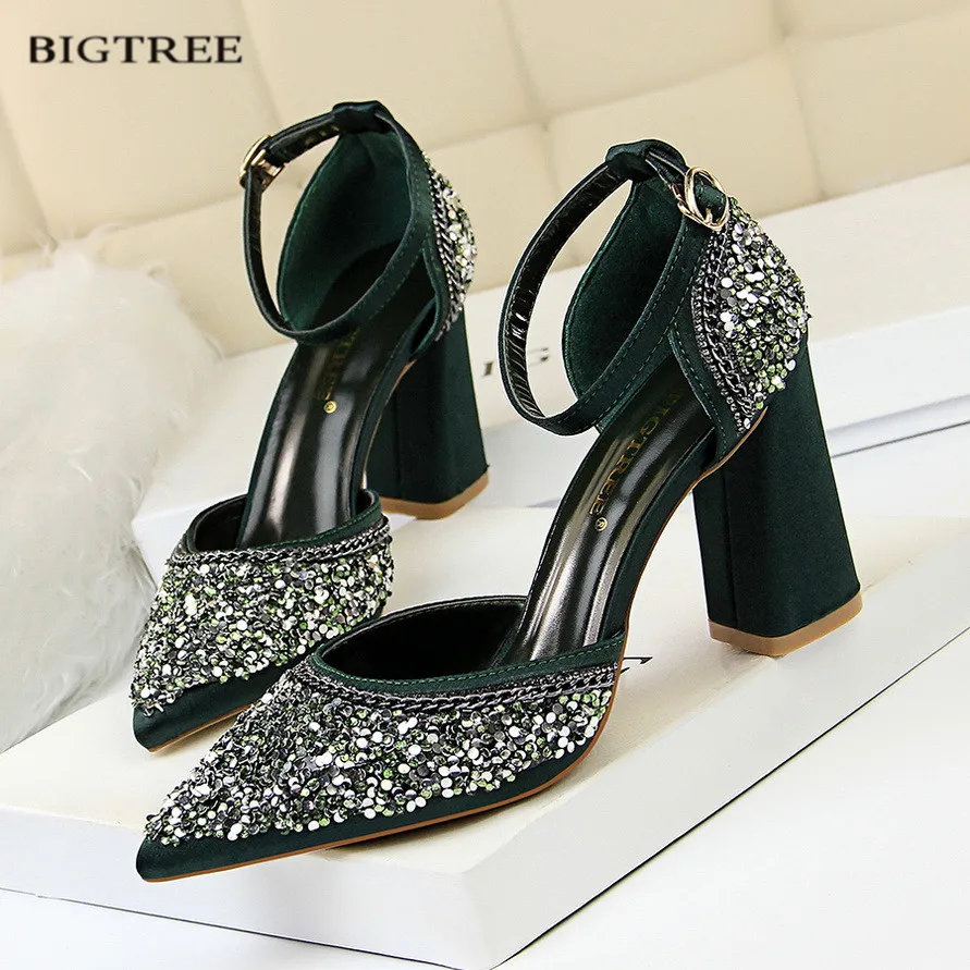 

New Autumn Elegant Pumps Silk Satin Sexy Chain Sequin Buckle High Heels Shoes Hollow Thick Heeled Wedding Women Shoes G828-22