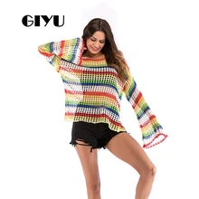 ^#Cheap GIYU Rainbow Drop Shoulder Sweater Hole Long Flare Sleeve Patchwork Loose Sweaters Female Pullover sueter mujer invierno ^#Cheap GIYU Rainbow Drop Shoulder Sweater Hole Long Flare Sleeve Patchwork Loose Sweaters Female Pullover sueter mujer invierno