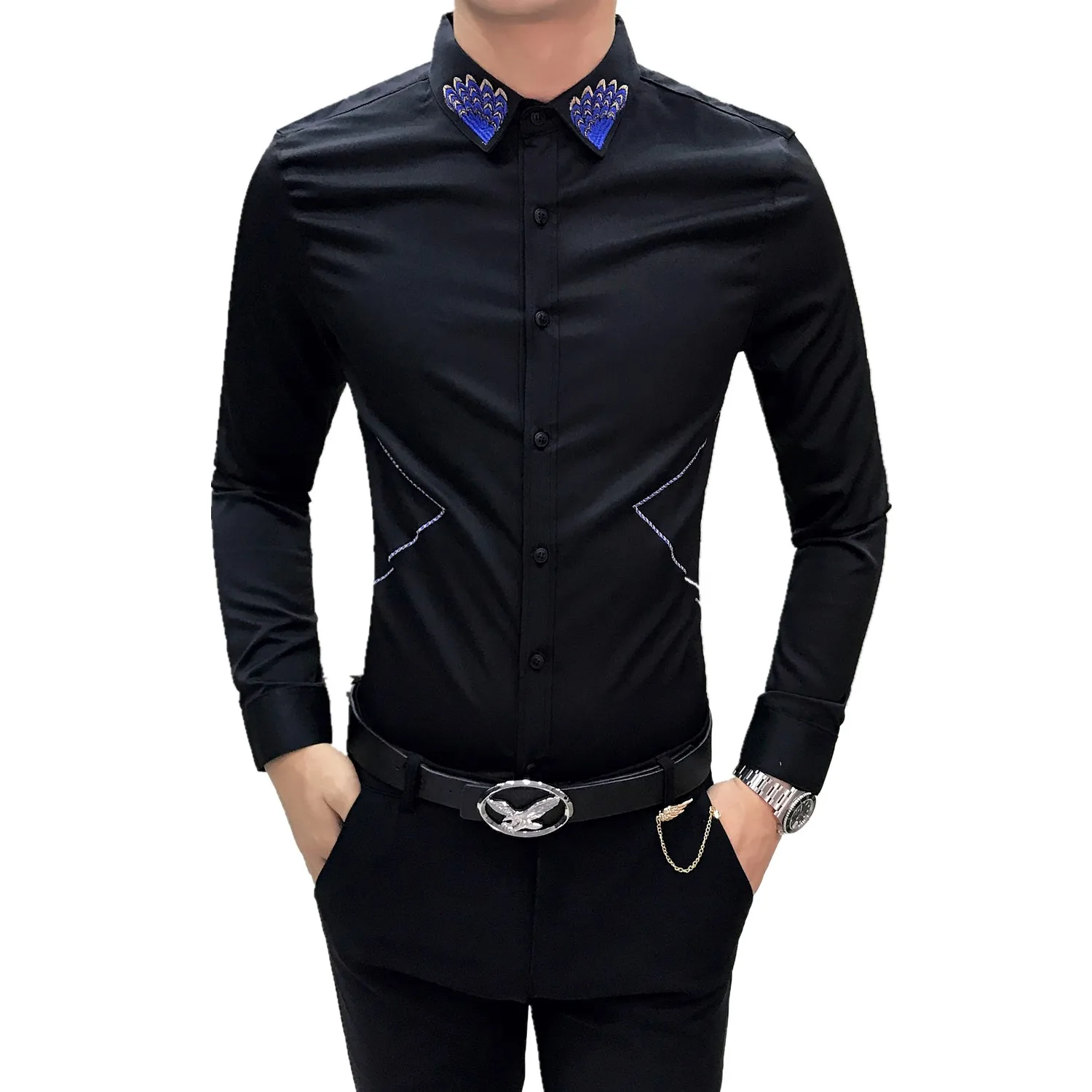 Slim Fit рубашки Для мужчин костюмы рубашки мужские социального платье рубашка с длинными рукавами синий весы вышивка воротник Для мужчин s Camisa Masculina