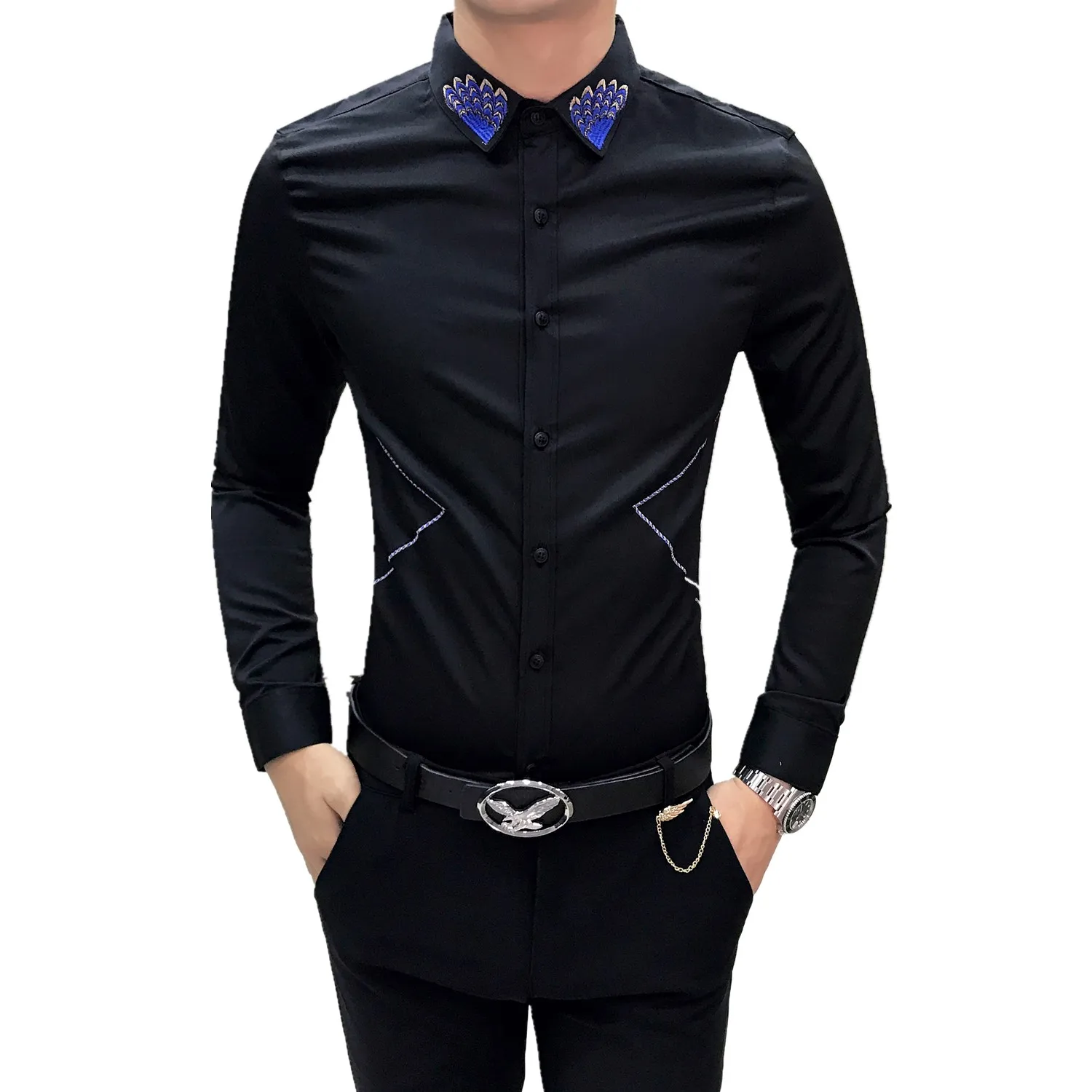 Slim Fit рубашки Для мужчин костюмы рубашки мужские социального платье рубашка с длинными рукавами синий весы вышивка воротник Для мужчин s