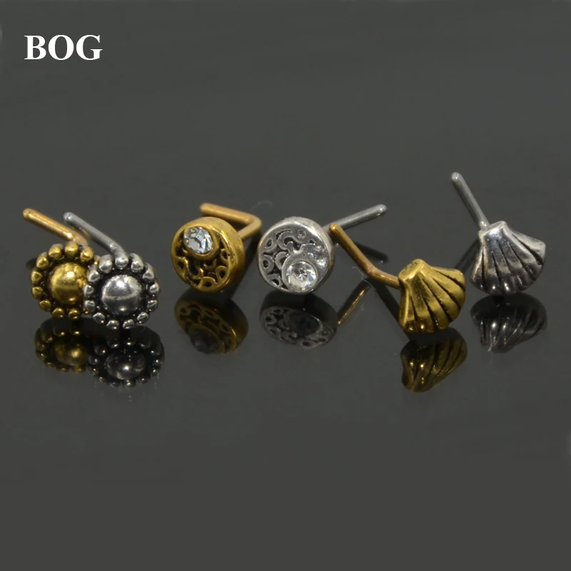 

Lot 2 Pieces Crescent Dotted Sun Seashell Nose Stud Piercing Surgical Steel L Shape Nose Ring Nose Jewelry 20g