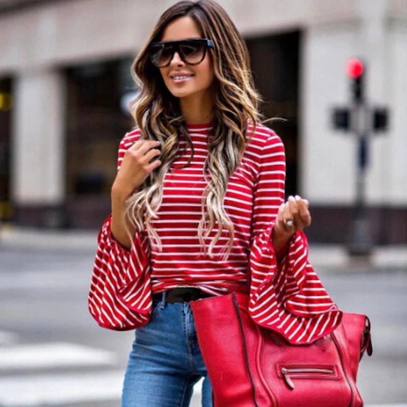 

2019 Spring Women T-Shirt Tees Flare Sleeve Striped Shirt Female Long Sleeve Casual Tops Ladies Striped T-Shirts Red Tops