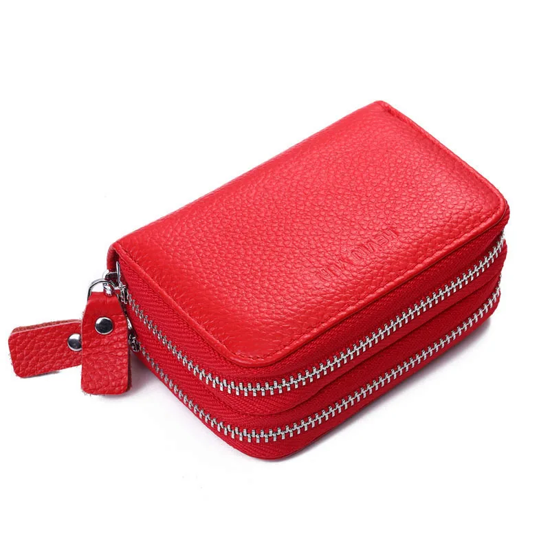Women Card Holder Double Zipper Genuine Leather Wallet Credit Cards Case Bag