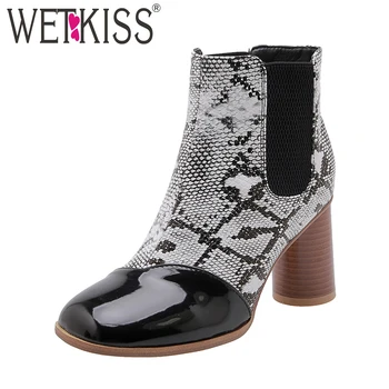 

WETKISS Snakeskin Mixed Colors High Heels Shoes Winter Keep Warm Chelsea Boots Round Toe Slip Bootie Casual Thermal Ankle Boots